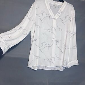 H by Halston Marble Print V-Neck Blouse Large Gray White Abstract Top